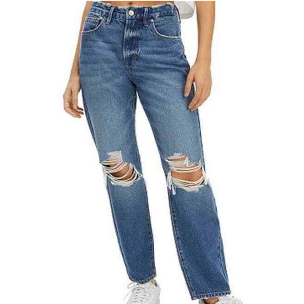 Good American Good Curve High Rise Ripped Knee Jeans 6 (28) Euc Medium Blue